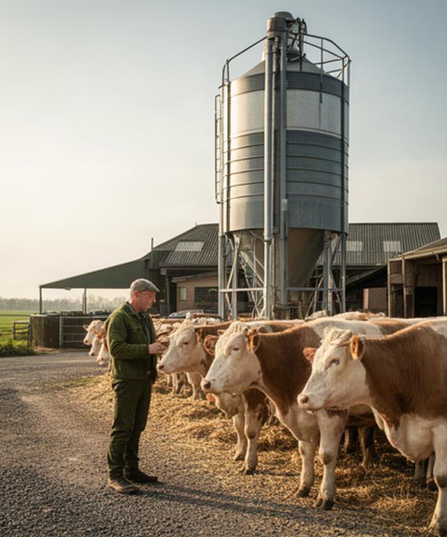 Boer bekijkt rundvee naast een moderne voersilo op een erf in Bergen op Zoom