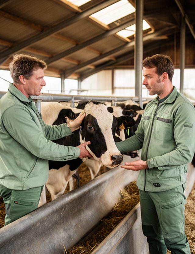 Adviseur bespreekt de conditie van een koe naast een voerhek op een rundveebedrijf