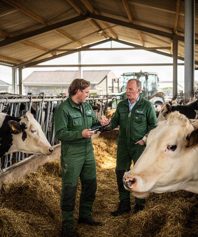Adviseur bespreekt de conditie van runderen met een veehouder in een open stal
