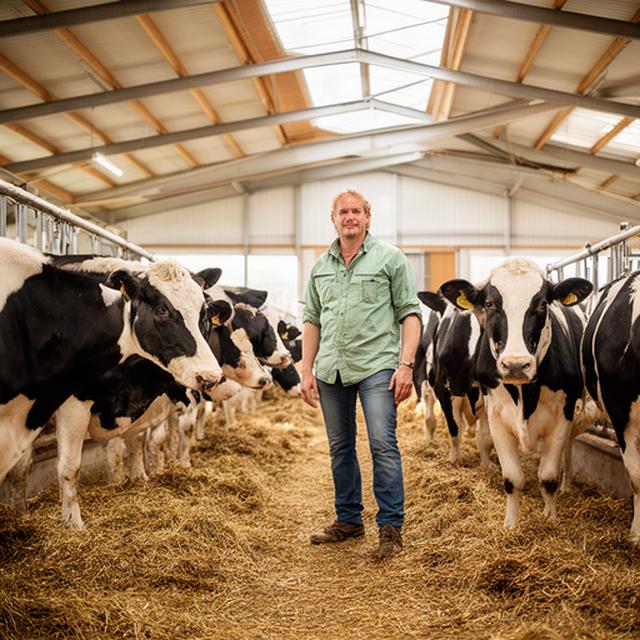 Rundveehouder tussen melkkoeien in een lichte stal in Noord-Brabant